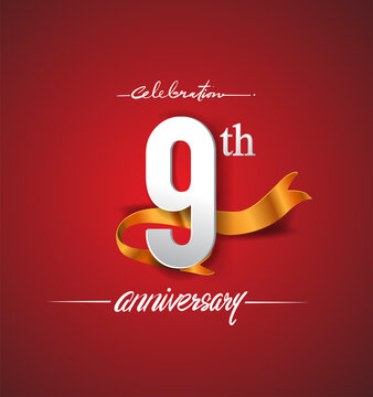 9th anniversary logotype with golden ribbon isolated on red elegance background, vector design for birthday celebration, greeting card and invitation card.