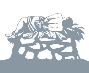 Man With hands tied on altar. Vector drawing