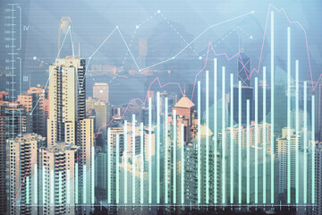 Forex chart on cityscape with skyscrapers wallpaper double exposure. Financial research concept.