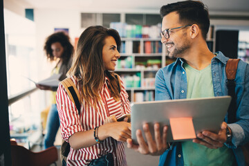 Student studying brainstorming library friends teamwork concept