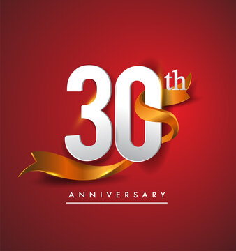 30th anniversary logotype with golden ribbon isolated on red elegance background, vector design for birthday celebration, greeting card and invitation card.