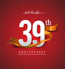 39th anniversary logotype with golden ribbon isolated on red elegance background, vector design for birthday celebration, greeting card and invitation card.