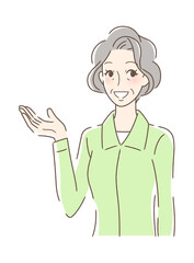 笑顔で手のひらを差し出す女性