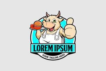 Cute chef bull animal cartoon character with food logo