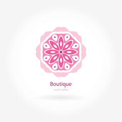 Bright, juicy beautiful circular logo for boutique, flower shop, business, interior. Company mark, emblem, element. Simple geometric mandala logotype. Kaleidoscope big bud. Surround abstract blossom.