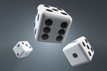 Flying dice. Close-up. Dark background.
