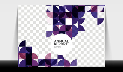 Horizontal A4 business flyer annual report template, circles and triangle style shapes modern geometric design for brochure layout, magazine or booklet