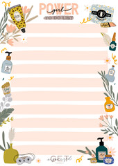 Collection of weekly or daily planner, note paper, to do list, stickers templates decorated by cute beauty cosmetic illustrations and trendy lettering. Trendy scheduler or organizer. Flat vector