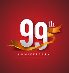 99th anniversary logotype with golden ribbon isolated on red elegance background, vector design for birthday celebration, greeting card and invitation card.