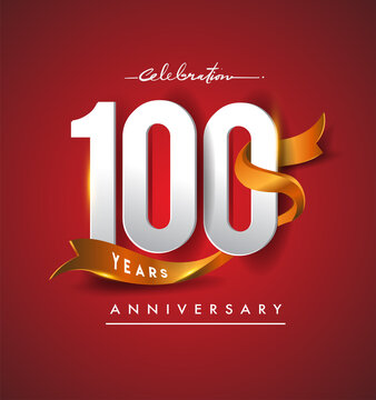 100th anniversary logotype with golden ribbon isolated on red elegance background, vector design for birthday celebration, greeting card and invitation card.