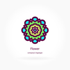 Bright, juicy beautiful circular logo for boutique, flower shop, business, interior. Company mark, emblem, element. Simple geometric mandala logotype. Kaleidoscope big bud. Surround abstract blossom.