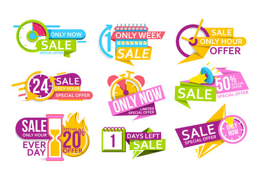 Limited time sale. Countdown banner to special offer of discount and super sale. Last day tag, only now offer badge. Promotional sticker with clock count for limited shopping deal.