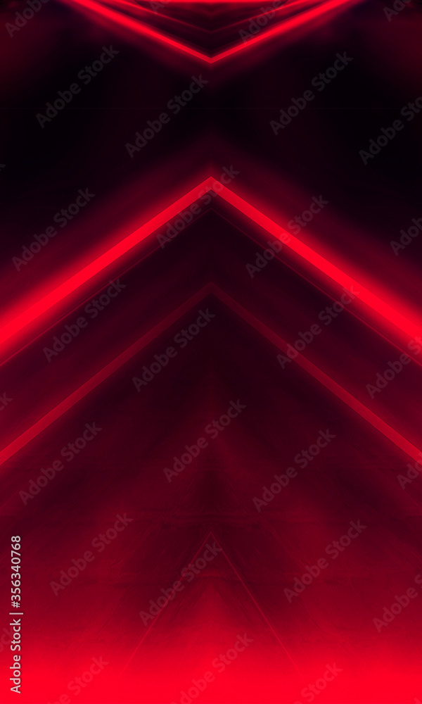 Poster abstract dark background, red neon light. rays and lines in symmetrical reflection. light tunnel, mo