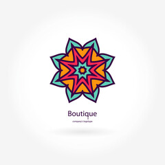 Bright, juicy beautiful circular logo for boutique, flower shop, business, interior. Company mark, emblem, element. Simple geometric mandala logotype. Kaleidoscope big bud. Surround abstract blossom.