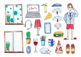 Clip art with work from home concept, remote working, watercolor illustration on white background