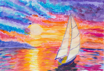 Fototapeta na wymiar watercolor yacht at sea sunset