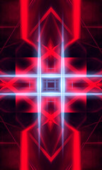 Abstract dark background, red neon light. Rays and lines in symmetrical reflection. Light tunnel, movement at speed, neon lights.