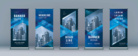 Fototapeta na wymiar Business Roll Up Set. Standee Design. Banner Template, Abstract Blue Geometric Triangle Background