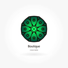Bright, juicy beautiful circular logo for boutique, flower shop, business, interior. Company mark, emblem, element. Simple geometric mandala logotype. Kaleidoscope big bud. Surround abstract blossom.