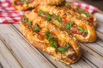 Pizza with halm, mozzarella,meat, cheese 