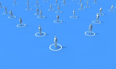 Social distancing concept. People stood in isolated circles. 3D Rendering