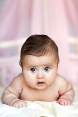 Cute baby lying on his stomach in bed and looking at the camera.