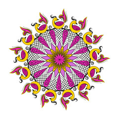 Indian traditional drawing of happiness Rangoli. Round shape, stylization of flower and birds, 13 repeating elements. Vector illustration isolated on a white background.