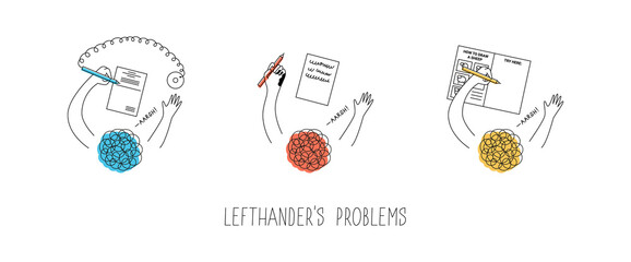 Left handed people problems. Using pen with chain in a bank attached to the right, smudging the ink, drawing in step-by-step-tutorial books. International lefthanders day. Vector illustration