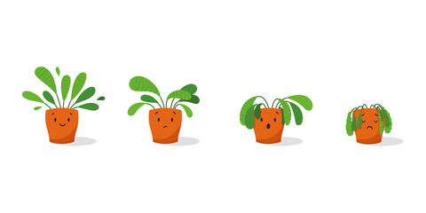 Cute sad wilted plant in a pot. Stages of withering, abandoned and scared houseplant without watering and care. Potted plant dying. Vector illustration