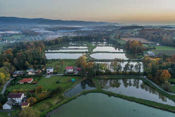 Fototapeta na wymiar Fish breeding ponds, fish pond in Bielsko Biala, Beskid Mountains Poland Aerial drone