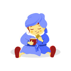 A girl after a shower, in a Bathrobe with a towel on her head. Drinks coffee with cookies. Cartoon style. Vector illustration isolated on a white background.