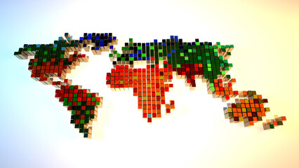 world map consisting of multi-colored cubes, children's game, puzzle