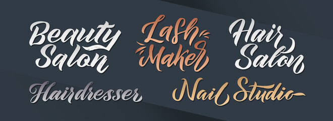 Beauty Salon. Gold Vector Logo Design Template. Lash Maker, Nail Studio and Hairdresser Emblems, Metal Logo Design. Grey Background Illustration. Vector female logo template