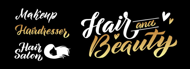 Beauty Salon. Gold Vector Logo Design Template. Lash Maker, Nail Studio and Hairdresser Emblems, Metal Logo Design. Black Background Illustration. Vector female logo template