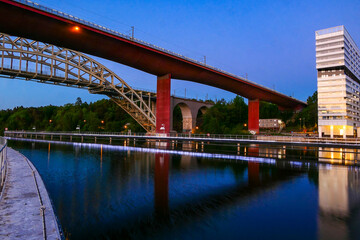 Stockholm, Sweden The Arsta bridge in the Liljeholmskajen neighborhood at dawn.