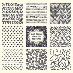 Set of nine seamless hand drawn texture designs for backgrounds. Doodle pattern. vector illustration