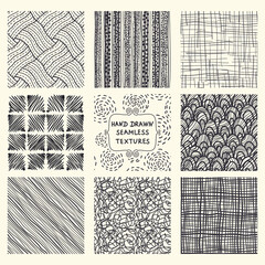 Set of nine seamless hand drawn texture designs for backgrounds. Doodle pattern. vector illustration