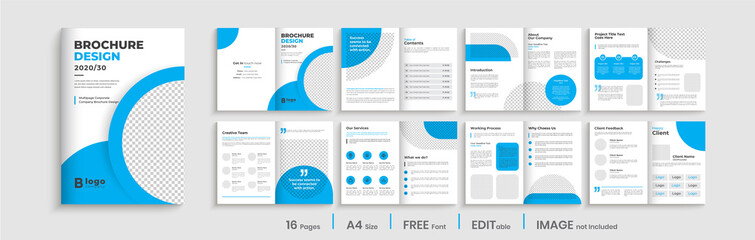 Minimal blue multipage business brochure template layout design, professional business profile design, 16 pages, creative business brochure design.
