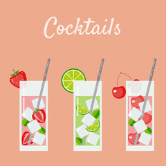 Bright illustration of cocktails with various fruits or berries. Suitable for decorating menus, icons on social networks, thematic decor. For the summer mood.