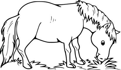 cartoon vector drawing horse eating grass 