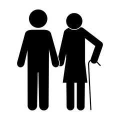 Picture of a guy with his mother. Сartoon illustration. Caring for a person. Flat image.