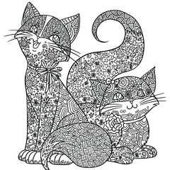 Detailed line art of funny kittens. Pets illustration with doodle and zentanglr elements. Difficult art. Coloring book page for adult.