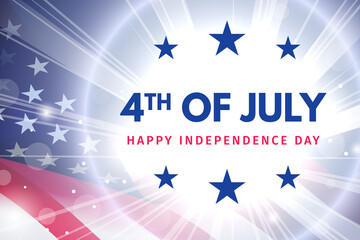 Independence day 4 th july. Happy independence day of USA with glow flash and flag. Fourth of July celebration banner