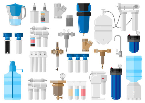 Kit water filter on white background in flat style. Set equipment for processes with special modern technologies water purification vector illustration design