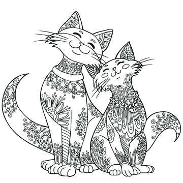 Lovely cats in doodle and zentangle elements. Cute hand drawn illustration for cat lovers. Love. Funny pets. Vector coloring book page for adults. Romantic ine art for print.