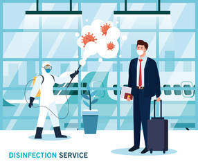 Man with protective suit spraying airport hall with covid 19 virus design, Disinfects clean and antibacterial theme Vector illustration