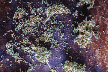 medical cannabis buds are scattered randomly on a rusty metal surface