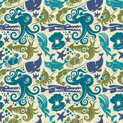 Sea creatures seamless pattern. Vector illustration in cute cartoon style