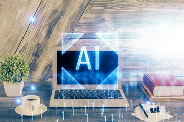 Double exposure of desktop computer and technology theme hologram. Concept of software development.