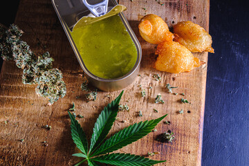 balls donuts from medical cannabis butter, sugar, flour, egg. marijuana buds. medical cannabis...